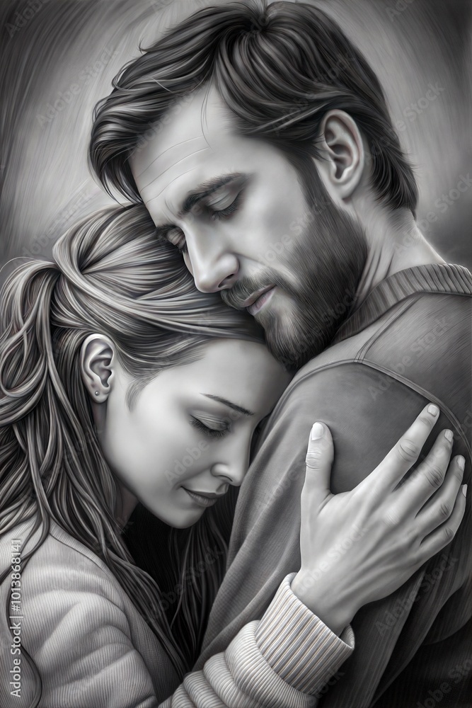 Emotional black and white portrait of a couple embracing each other with deep connection
Emotional black and white portrait of a couple embracing each other with deep connection