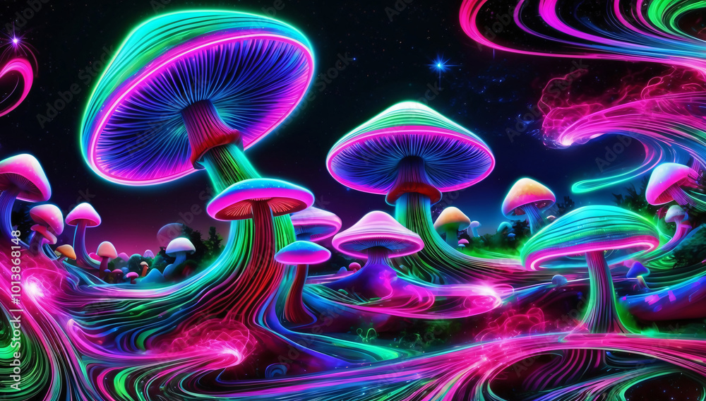 Fototapeta premium Fantasy Mushroom Forest Under A Starry Night Sky With Aurora