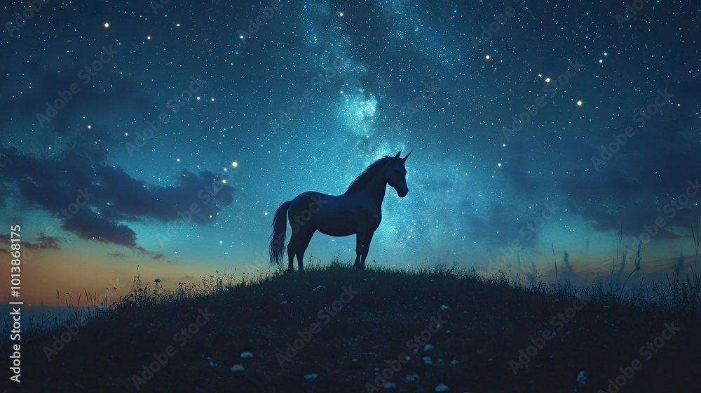 A unicorn standing atop a grassy hill, its mane shimmering under a sky full of stars A unicorn standing atop a grassy hill, its mane shimmering under a sky full of stars