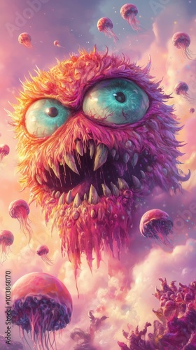 Illustration of a monster with big round eyes and colorful, sharp teeth.