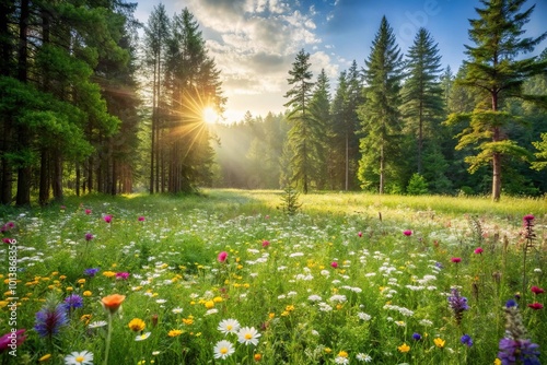 Beautiful asymmetrical wildflower meadow in a serene forest clearing