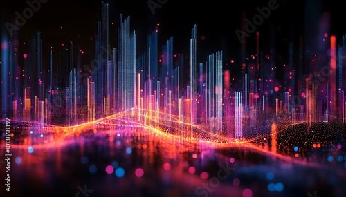 A vibrant visualization of abstract data, featuring colorful lines and glowing points that create a dynamic cityscape effect.