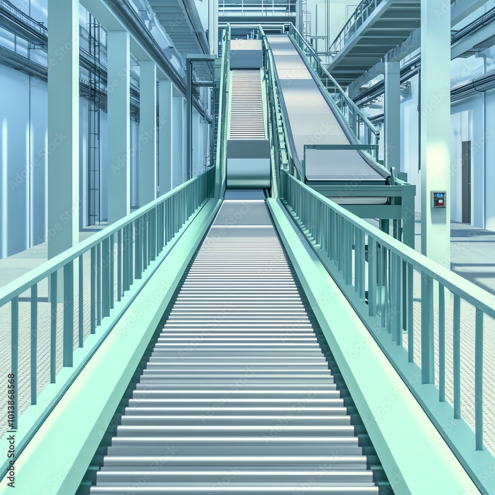 Fototapeta premium Modern industrial conveyor system with multiple tracks, showcasing efficiency and design in a spacious facility.