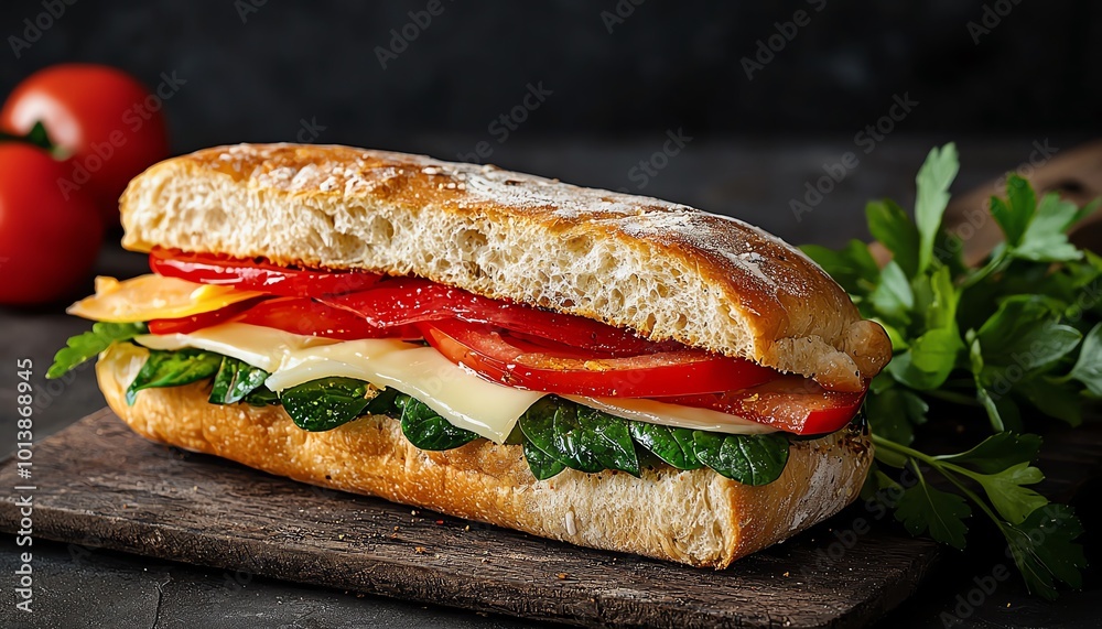 Freshly made sandwich with crisp vegetables, served on a wooden board, perfect for a delicious meal. Freshly made sandwich with crisp vegetables, served on a wooden board, perfect for a delicious meal.