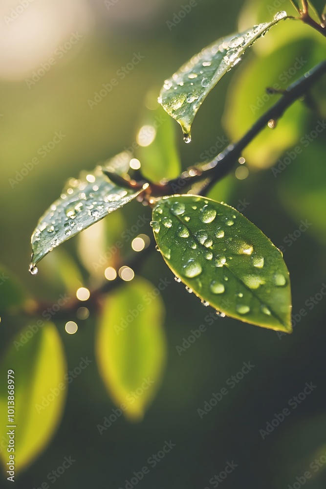 Close up of Dew Drops on Green Leaves, Sun Shining Through Close up of Dew Drops on Green Leaves, Sun Shining Through