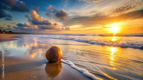 Beautiful image of an empty coconut on the ocean during sunset, shot with a wide-angle lens