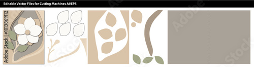 A simple floral-themed card design featuring layered petals and leaves in neutral tones, with editable elements for cutting machines. Ideal for creating elegant greeting cards or crafts.