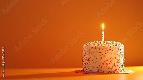 A birthday cake with rainbow sprinkles and a lit candle, displayed on a bright orange background with room for words.