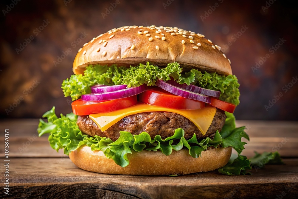 Beef burger with cheese, tomatoes, onions, and lettuce, served on a bun Beef burger with cheese, tomatoes, onions, and lettuce, served on a bun