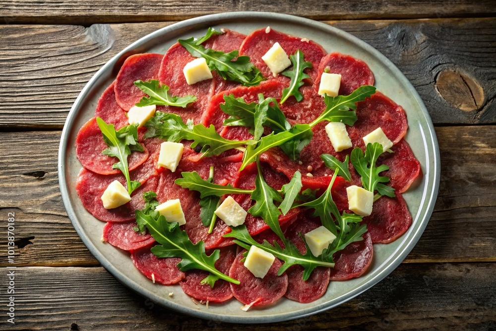 Beef carpaccio with arugula and parmesan cheese on a white plate