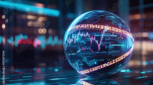 A glowing futuristic stock ticker wrapping around a massive digital sphere, showing the pulse of a hyper-connected economy, selective focus on foreground, ultra HD,