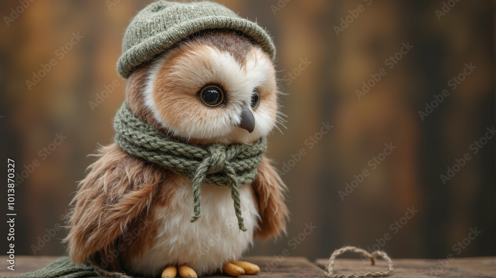 Obraz premium Adorable Toy Owl in a Knitted Hat and Scarf on Rustic Backdrop