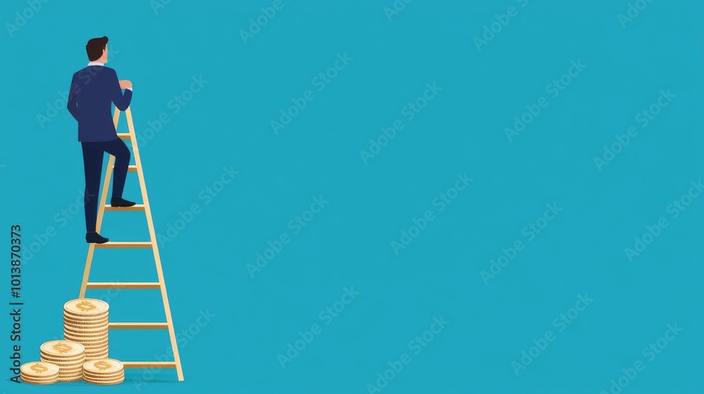 Businessman climbing ladder made of coins, financial goals, flat design illustration, copy space for text,