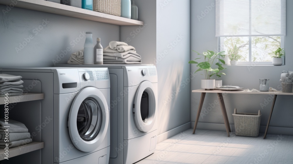 Interior of stylish kitchen with modern washing machines. Neural network ai generated art Interior of stylish kitchen with modern washing machines. Neural network ai generated art