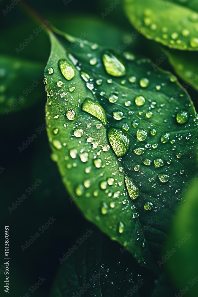 Closeup of Dew Drops on Green Leaf Closeup of Dew Drops on Green Leaf