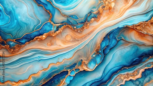 Bird eye view glossy agate like surface in electric blue and soft peach alcohol ink swirls photo