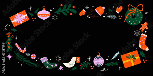 Christmas background horizontal banner in cartoon retro style with blank space for text, Xmas frame, border with winter holiday seasonal vector illustration elements for design