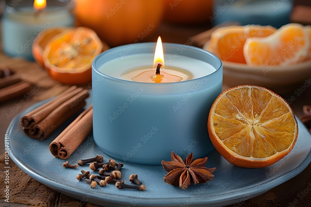 Cozy Autumn Vibes: Blue Candle with Citrus and Spices for Home Decor Cozy Autumn Vibes: Blue Candle with Citrus and Spices for Home Decor