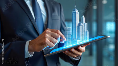 construction businessman holding digital tablet, building hologram