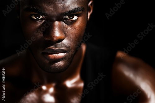 Close-up portrait of a muscular man with an intense, determined expression, strong lighting accentuating muscles and facial structure, dark background, selective focus