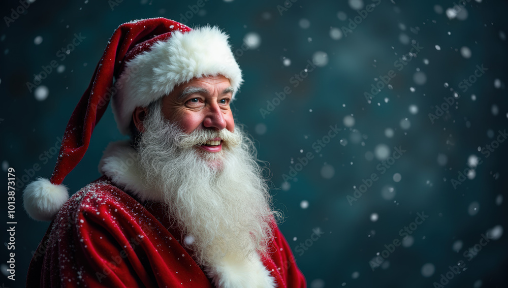 Cheerful Man in a Santa Hat Smiles Joyfully Amidst Falling Snowflakes
