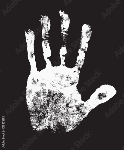 Black print of human hand, skin texture pattern. Scanning the palm and fingers on white background, grunge vector illustration. Children or adult handprint for art, fun, kid, identity, education