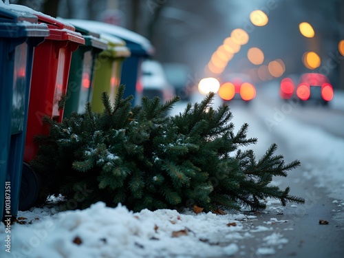 A Christmas tree left near the colorful trash bins after the Christmas holidays