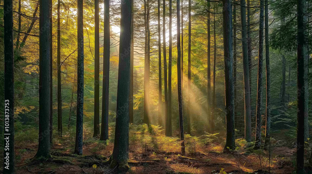 Obraz premium A serene forest scene during what appears to be early morning or late afternoon. Sunlight pierces through the dense canopy of tall trees, casting a warm, golden hue over the forest floor