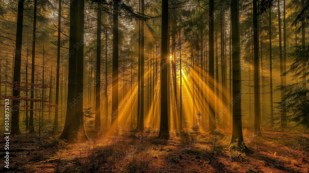 Fototapeta premium A serene forest scene during what appears to be early morning or late afternoon. Sunlight pierces through the dense canopy of tall trees, casting a warm, golden hue over the forest floor