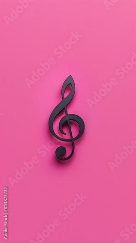 Solid fuchsia background with a small black musical note motif in the center.