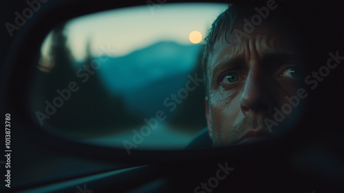 Man Reflecting in Rearview Mirror on a Night Road Trip