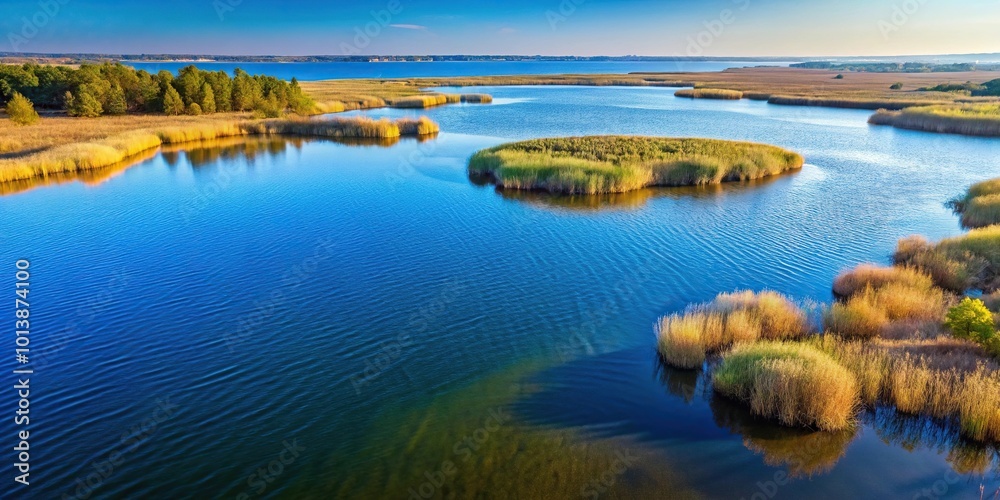 bird's eye view of a lake with coastal vegetation and small water ripples bird's eye view of a lake with coastal vegetation and small water ripples