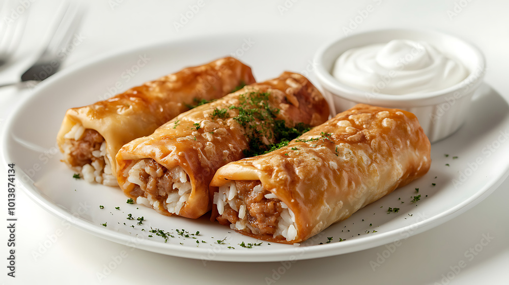 Traditional Ukrainian stuffed cabbage rolls filled with rice and meat, neatly arranged on a white plate with sour cream, on a white background. A clean and appetizing presentation. Traditional Ukrainian stuffed cabbage rolls filled with rice and meat, neatly arranged on a white plate with sour cream, on a white background. A clean and appetizing presentation.