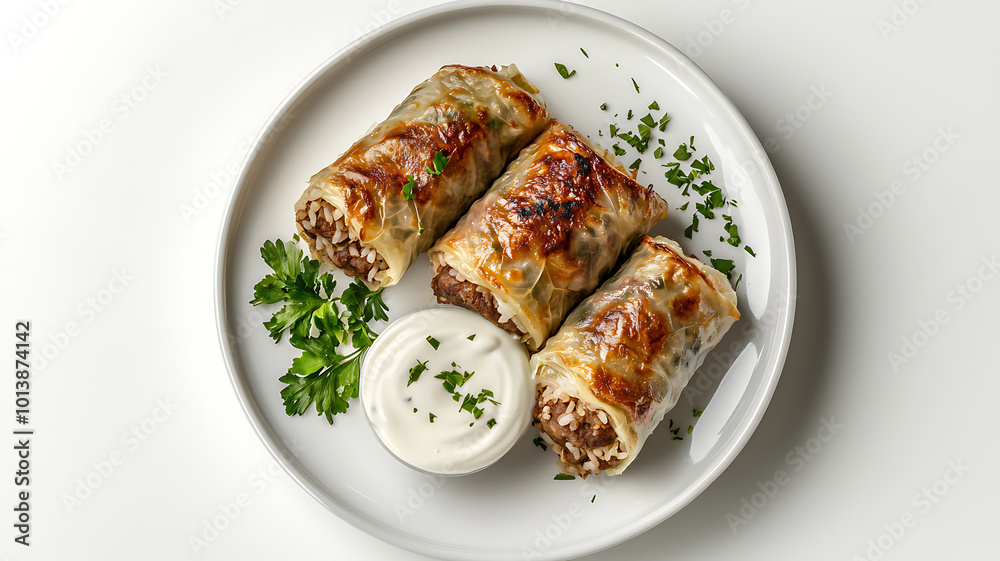 Traditional Ukrainian stuffed cabbage rolls filled with rice and meat, neatly arranged on a white plate with sour cream, on a white background. A clean and appetizing presentation. Traditional Ukrainian stuffed cabbage rolls filled with rice and meat, neatly arranged on a white plate with sour cream, on a white background. A clean and appetizing presentation.