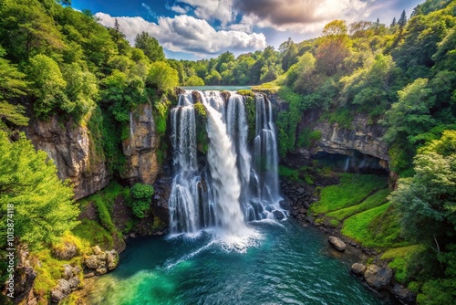 Birds eye view of a natural waterfall in a serene summer setting