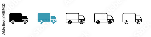 Delivery van vector icon set in black and blue colors.