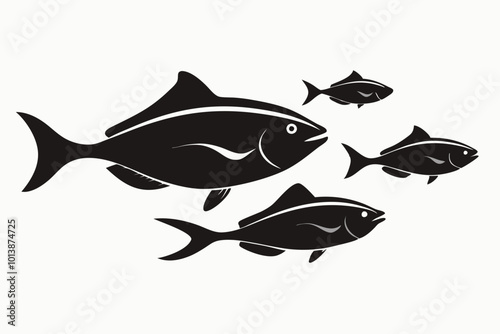 A set of Halibut fishes in different poses isolated silhouette black vector art illustration