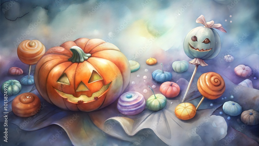 Watercolor Halloween scene with jack-o-lanterns and candy in spooky colors Watercolor Halloween scene with jack-o-lanterns and candy in spooky colors
