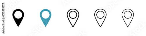 Navigation pin vector icon set in black and blue colors.