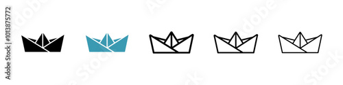 Paper boat vector icon set in black and blue colors.