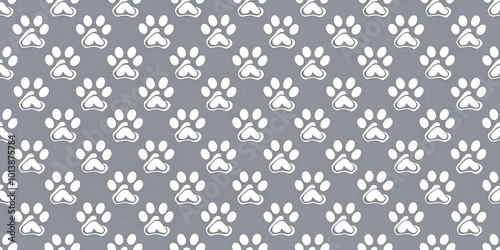 Bird's eye view of seamless gray and white paw print pattern