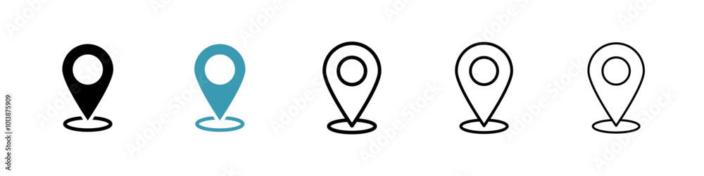Pin vector icon set in black and blue colors. Pin vector icon set in black and blue colors.