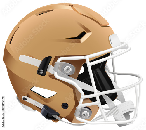Realistic golden 3D American football helmet with white mask and chin strap