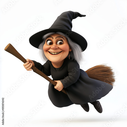 A friendly cartoon witch in a pointy hat, flying on her broomstick with a cheerful smile, set on white.