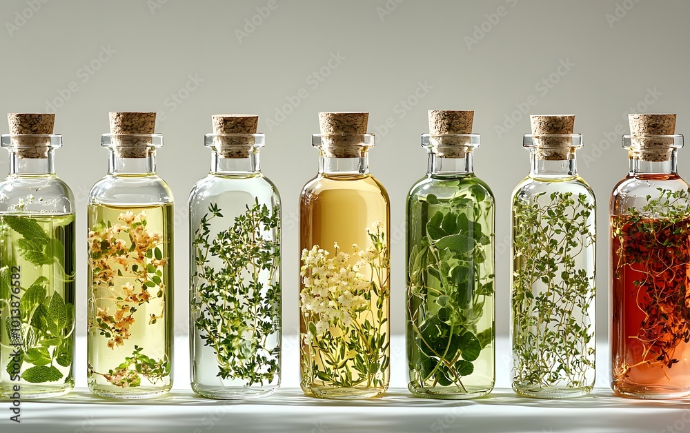 Aromatic herbal oils in glass bottles with natural ingredients and cork stoppers Aromatic herbal oils in glass bottles with natural ingredients and cork stoppers