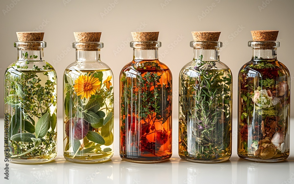 Herbal infusion bottles collection with fresh and dried botanicals
