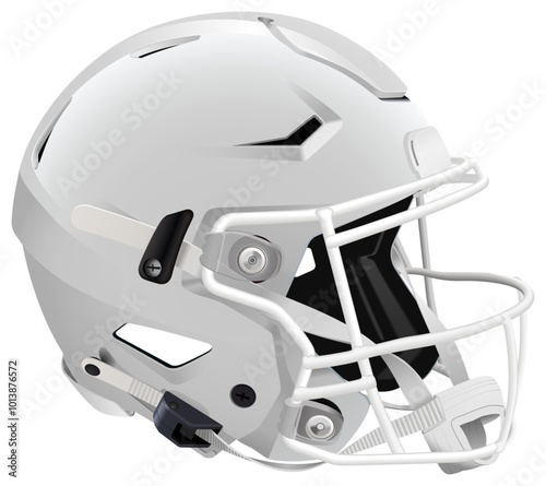 Realistic white 3D American football helmet with white mask and chin strap