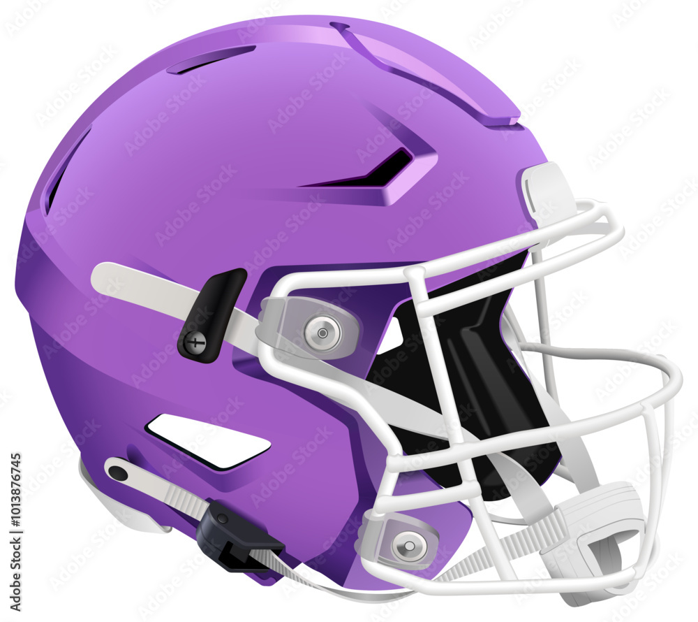Fototapeta premium Realistic violet 3D American football helmet with white mask and chin strap