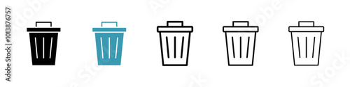 Trash Bin vector icon set in black and blue colors.