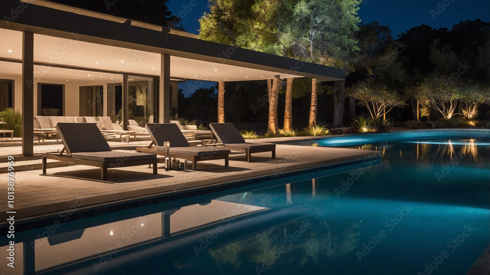 Fototapeta premium Luxurious outdoor pool area surrounded by trees and modern architecture during twilight, serene ambiance.